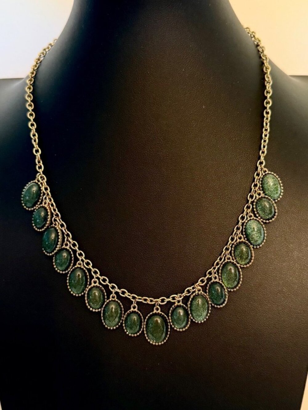 Bib Necklace Vintage Green Glass Cabochons Gold Tone Statement Adjustable